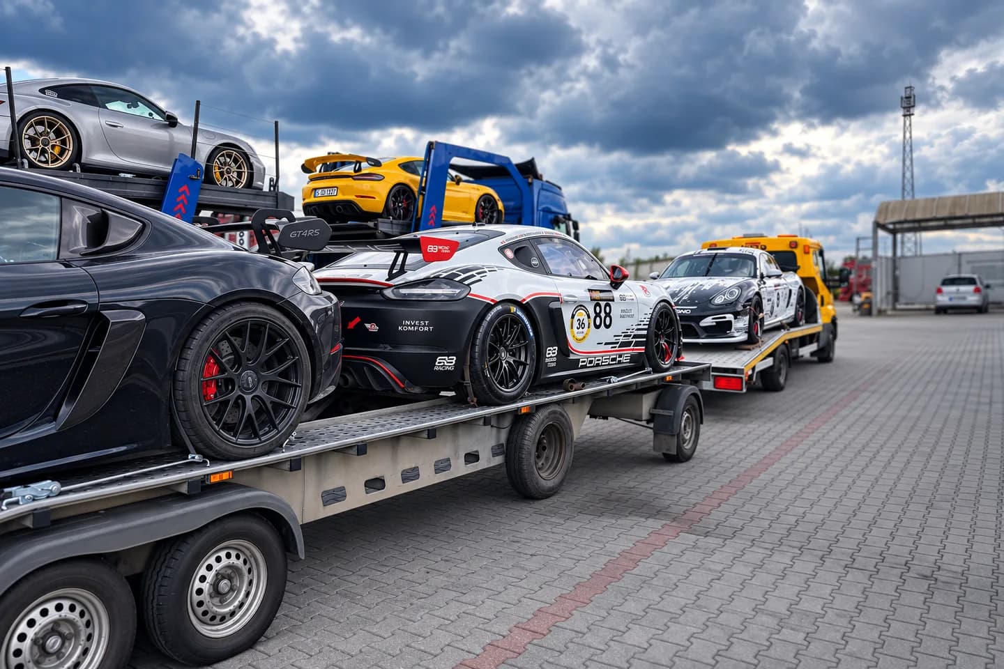 Transport kilku samochodów sportowych Porsche na lawetach