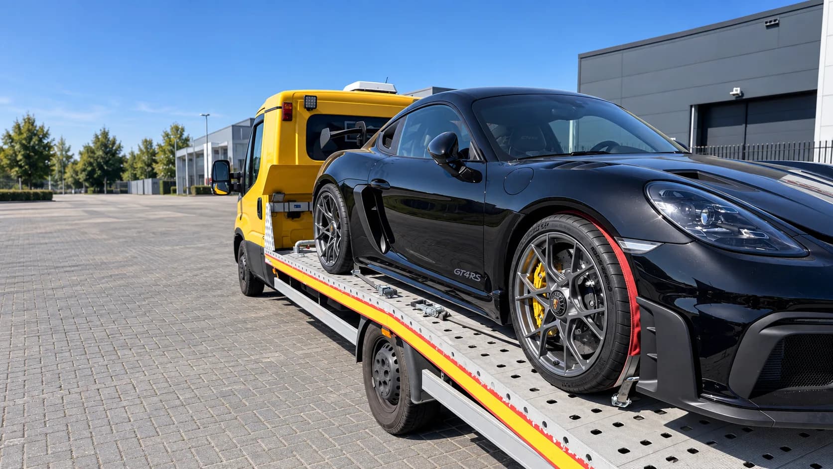 Czarne Porsche GT4 RS na platformie żółtej autolawety